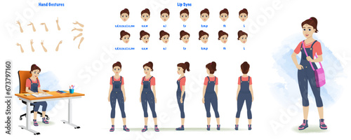  A teenager student character model sheet. School girl creation set. Student turnaround sheet, hand gestures, lip sync