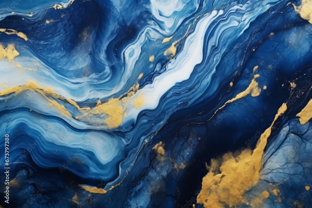 mesmerizing alcohol ink creation unfolds with a navy blue and gold marbling abstract background