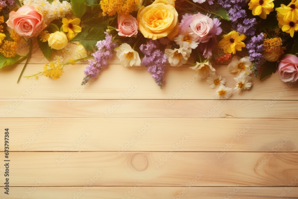 Wild flower collected with variable colors on wood background in Spring. Space for text. Spring seasonal concept.