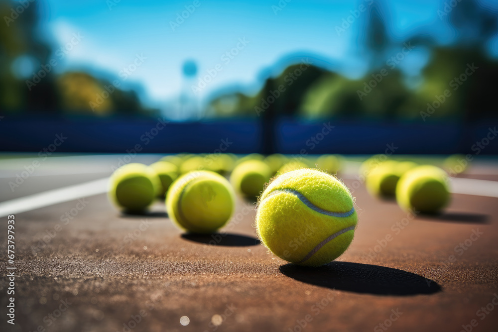 Tennis balls on the tennis court.