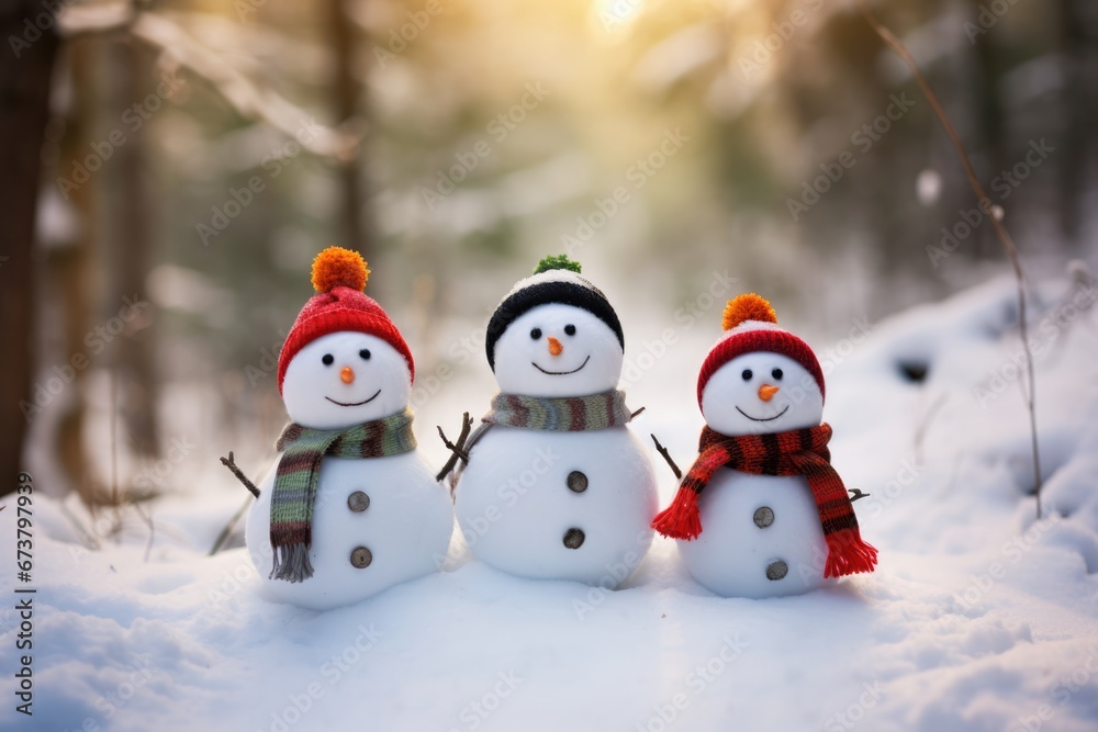 Cute snowman with holiday decoration in Winter. Winter seasonal concept.