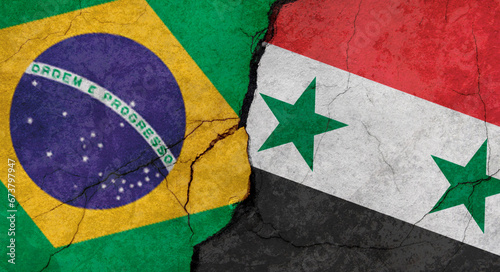 Flags of Brazil and Syria texture of concrete wall with cracks, grunge background, military conflict concept