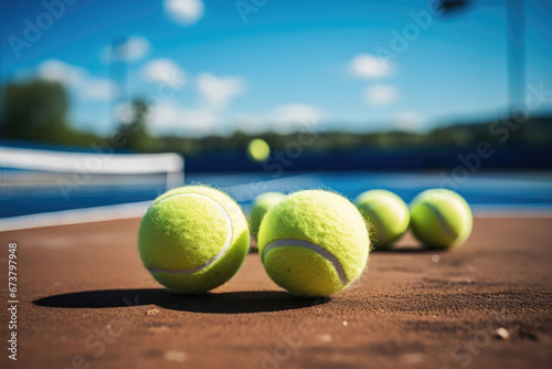 Concept of a sporty lifestyle, Tennis ball on tennis court. © visoot