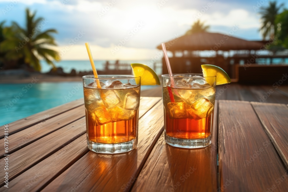 Cocktail wine glasses in luxury resort with beautiful seascape on beach. Summer tropical vacation concept. Cocktail wine glasses in luxury resort with beautiful seascape on beach. Summer tropical vacation concept.