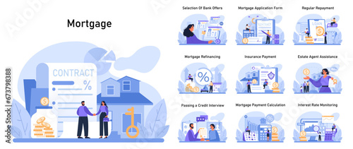 Mortgage journey set. From bank offers, application, refinancing to agent assistance and rate monitoring. Homeownership steps and financial planning. Flat vector illustration.