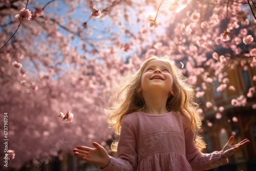 A little girl playing in beautiful blooming cherry blossom woods with pink petals in air and on ground in Spring. Spring seasonal concept.