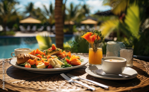 Colorful tropical breakfast on table in hotel outdoor.