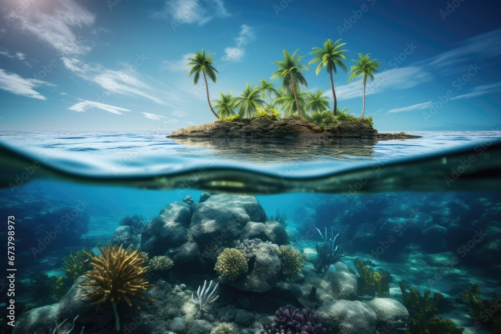 Beautiful underwater view of tropical island beach in Summer. Summer vacation concept.