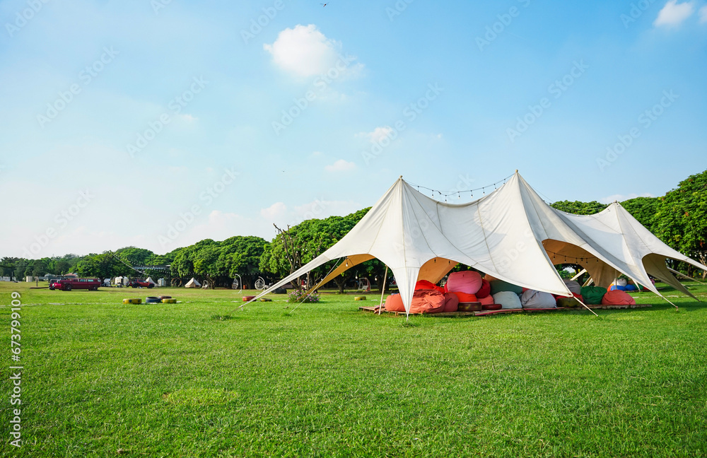 Image of beautiful camping lawn and clear blue sky