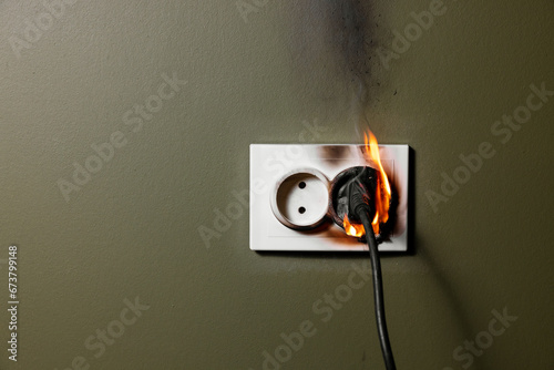 burning wall electrical socket with plugged appliance cable from short circuit in house. concept of fire safety and power overload at home photo
