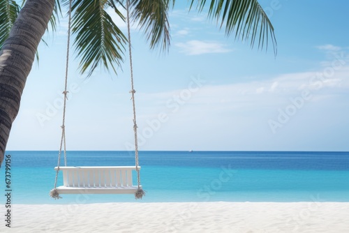 A lonely empty swing with palm tree at sand beach with blue sea. Summer tropical vacation concept.