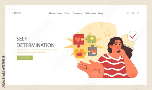 Positive psychology web banner or landing page. Positive thinking and attitude. Optimistic mindset, self acceptance and well-being. Young woman working on her mental health. Flat vector illustration