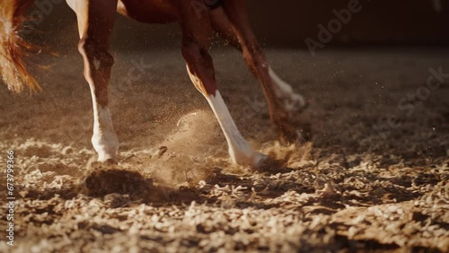 Horse with white socks legs running around instructor on arena photo
