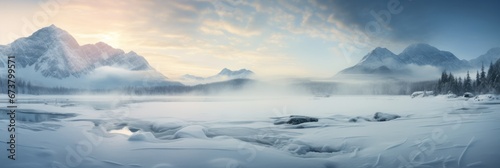 Panoramic view of beautiful lake at sunrise with foggy Winter forest mountain covered by heavy snow and ice. Winter seasonal concept. © Joyce