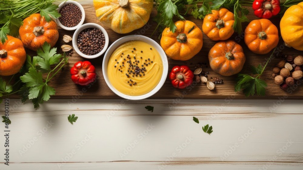 Autumn background from fallen leaves and fruits with vintage place setting on old wooden table. Thanksgiving day concept. Autumn background from fallen leaves and fruits with vintage place setting on old wooden table. Thanksgiving day concept.