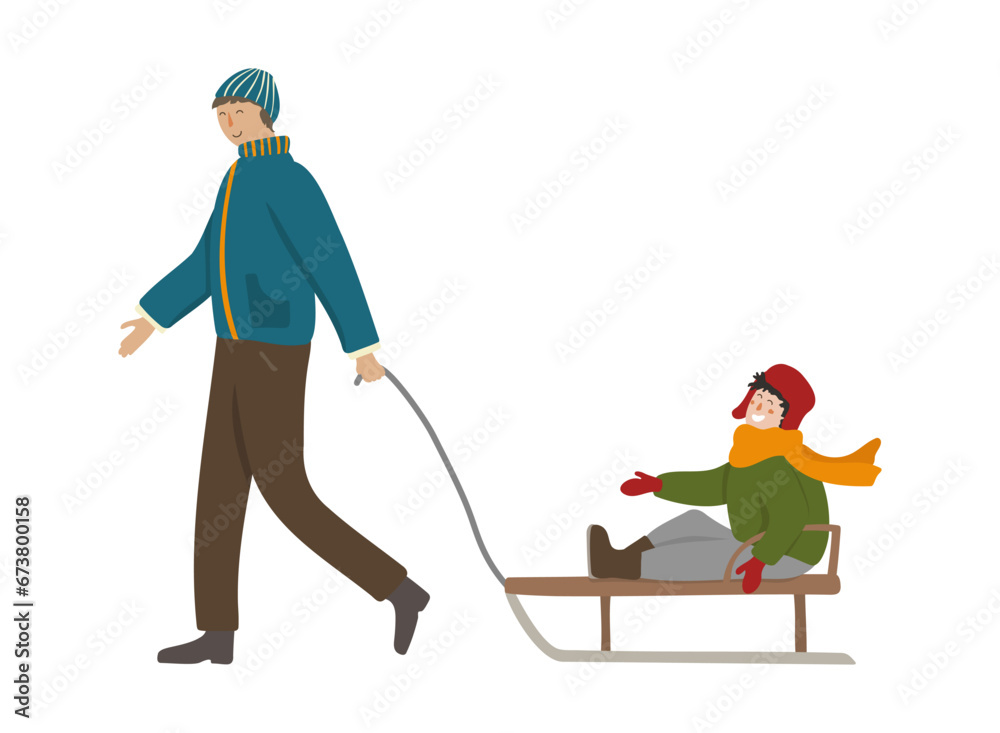 Father pulling sledge with kid. Happy man and smiling child on sled enjoying winter outdoor activity. Flat cartoon vector illustration. Parent and son spending leisure time together isolated on white
