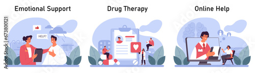 Psychotherapy set. Psychiatrist consulting a patient on mental health disorders. Thoughts and emotions analysis. Group, drug, art and animal therapy. Flat vector illustration