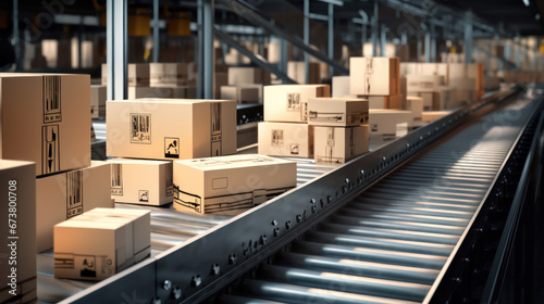 Box on conveyor roller. Delivery service, distribution warehouse and parcels transportation system. © PaulShlykov