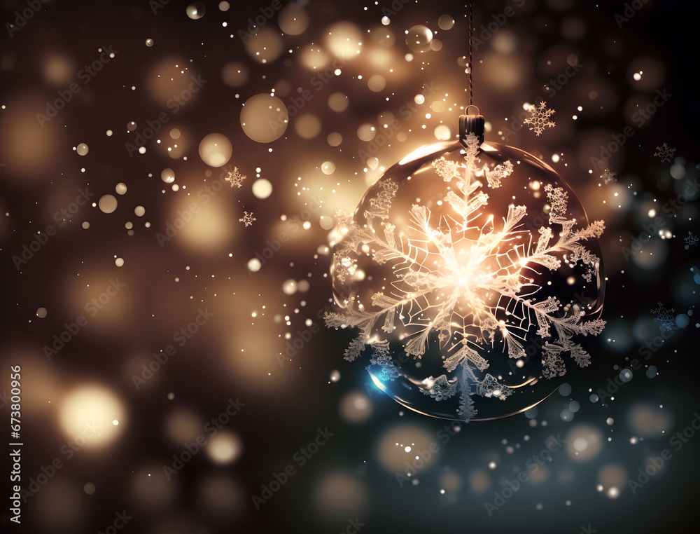 Christmas bauble with snowflakes on a bokeh background.
