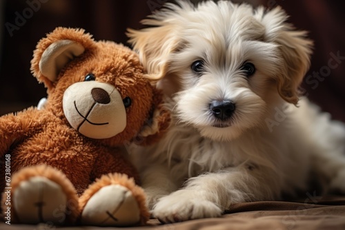 A Playful Pup Resting Next to a Cuddly Teddy Bear