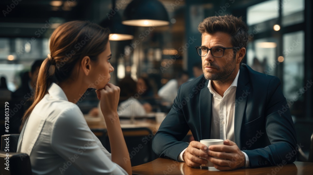 Business managers having a tense conversation at a cafe with visible signs of miscommunication, Concerned and in doubt expressions.