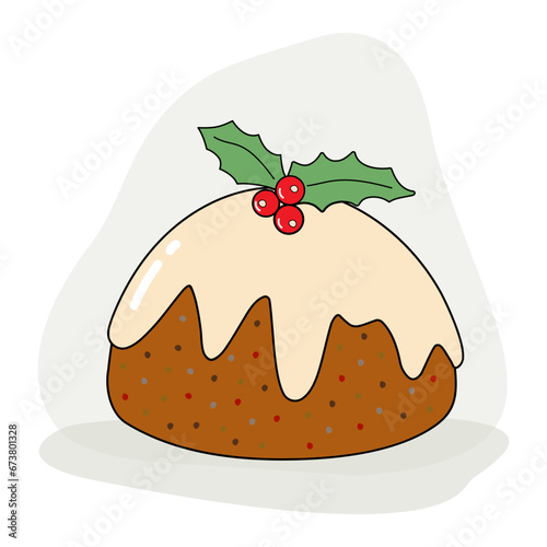 Clip art with Christmas pudding and holly berries. Holiday design for Christmas home decor, holiday greetings, Christmas and New Year celebration. 