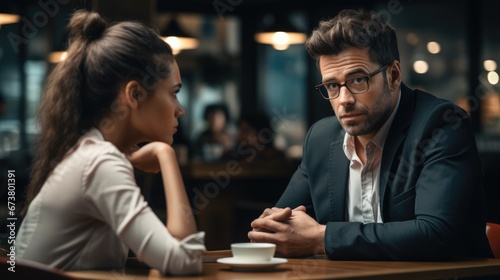 Business managers having a tense conversation at a cafe with visible signs of miscommunication, Concerned and in doubt expressions.