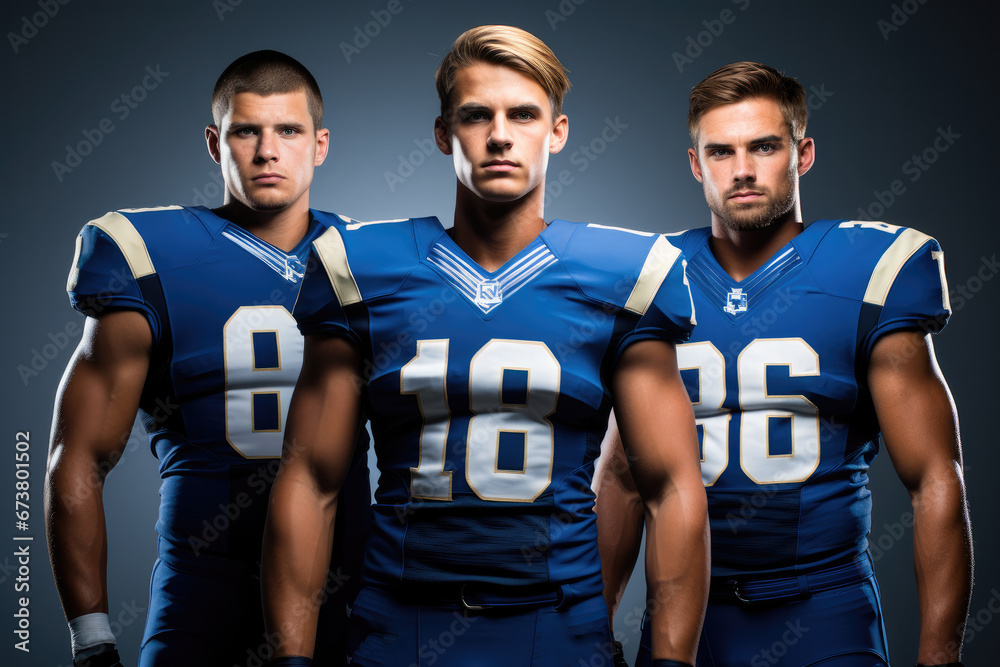 Fototapeta premium Team American football men with blue uniform on dark background.