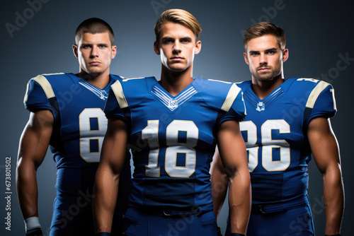 Team American football men with blue uniform on dark background.