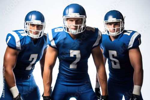 Team American football men with blue uniform on white background.