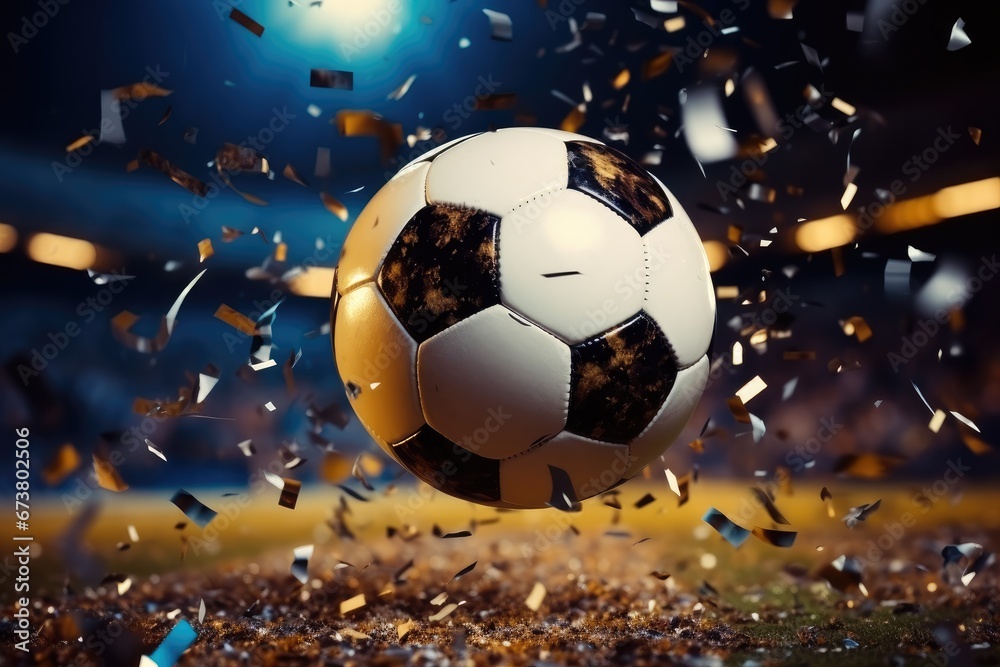 Fototapeta premium A soccer ball at stadium and confetti streamers.
