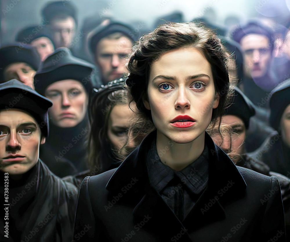 Terrifying dark image of a woman in black clothing in front of a group of solemn people in dark suits Terrifying dark image of a woman in black clothing in front of a group of solemn people in dark suits