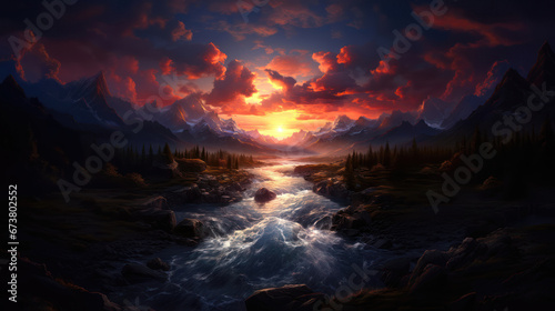 Fantasy landscape with river and mountains at sunset