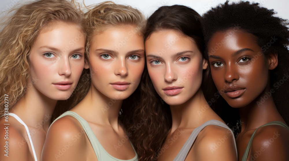 Group of young mixed race models in studio shot. Beauty, fashion concept. Group of young mixed race models in studio shot. Beauty, fashion concept.