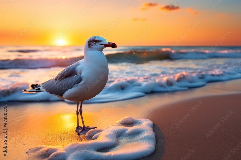 Seagull Silhouette on Serene Beach at Sunset