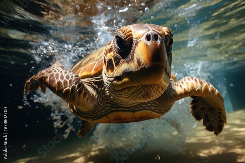 A Tranquil Journey: Turtle Gliding Through the Submerged Depths of the Ocean © pham
