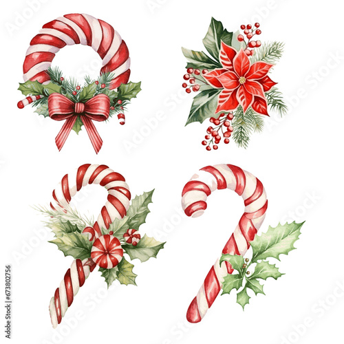 Poinsettia christmas decor watercolor painting set on white background