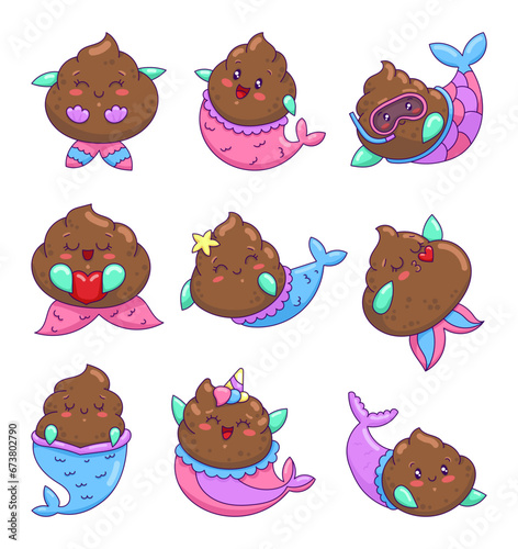 Cute poop mermaid characters. Funny kawaii excrement with smiley face. Hand drawn style. Vector drawing. Collection of design elements.
