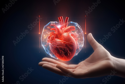 Hand holding virtual hologram heart shape with cardiogram. Concept of heart disease awareness campaign, cardiovascular health, stroke prevention, hypertension (high blood pressure) for heart disease. photo