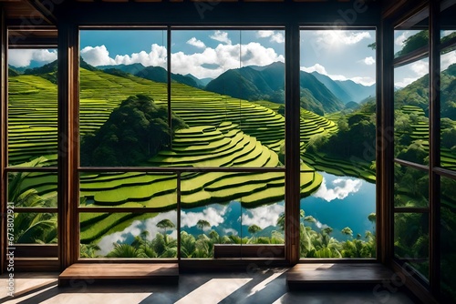 landscape nature view background. view from window at a wonderful landscape nature view with rice terraces © Bilal
