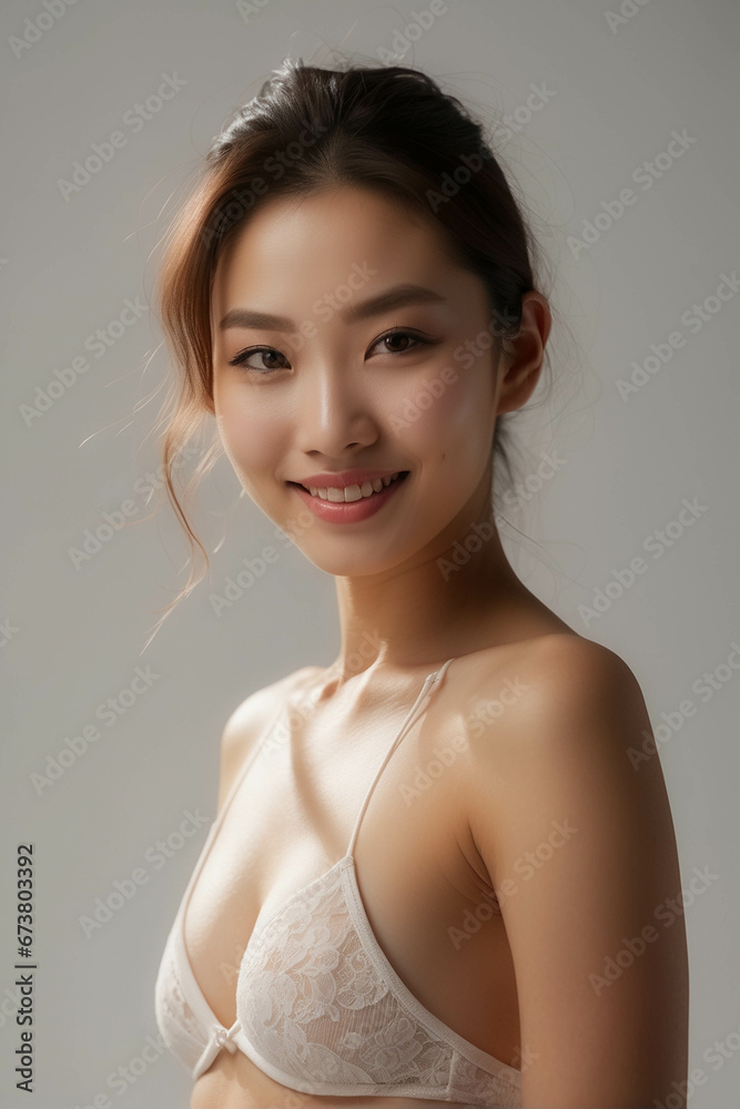 Obraz premium vertical portrait on white studio background asian woman face with smooth healthy skin for advertising design. Korean, Chinese or Japanese Beautiful woman , beauty, health, skin care and cosmetics