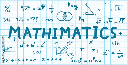 Scientific background with mathematical formulas. Mathematics equations and formula. Geometry background, formulas, shapes and graphics. Math resources for teachers and students. Vector illustration.