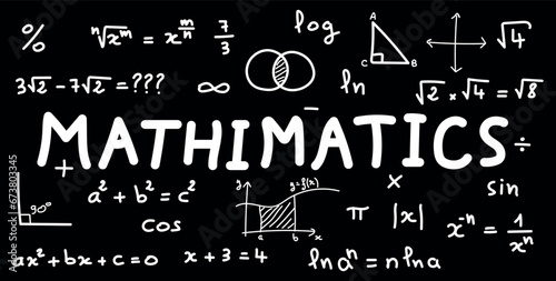 Scientific background with mathematical formulas. Mathematics equations and formula. Geometry background, formulas, shapes and graphics. Math resources for teachers and students. Vector illustration.
