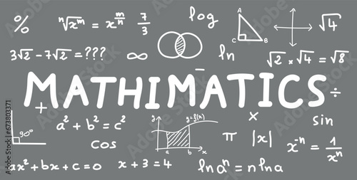 Scientific background with mathematical formulas. Mathematics equations and formula. Geometry background, formulas, shapes and graphics. Math resources for teachers and students. Vector illustration.