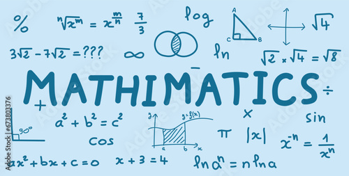 Scientific background with mathematical formulas. Mathematics equations and formula. Geometry background, formulas, shapes and graphics. Math resources for teachers and students. Vector illustration. photo