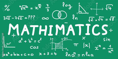Scientific background with mathematical formulas. Mathematics equations and formula. Geometry background, formulas, shapes and graphics. Math resources for teachers and students. Vector illustration.