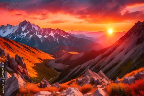 Rocky mountains at amazing colorful sunset in summer . Mountain ridges and beautiful sky with pink, red and ornage clouds and sunlight in spring. Landscape with rocks, mountain peak photo