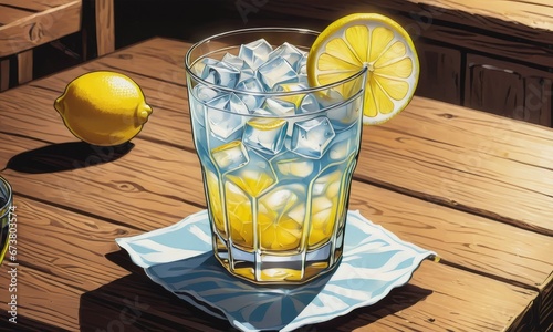 A glass of iced cockteil with lemon on wooden table photo
