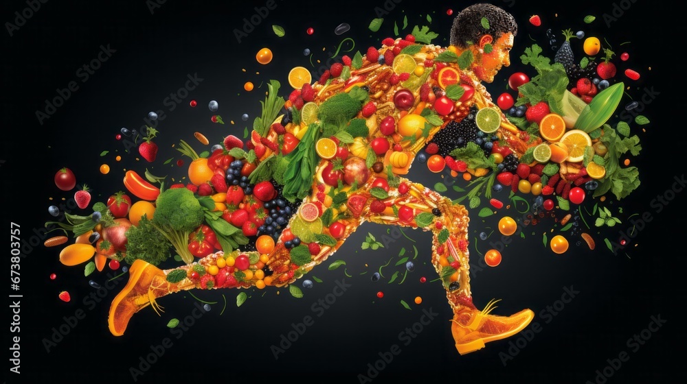 Obraz premium illustration of a running man made up of pieces of fruits and vegetables, copy space, 16:9