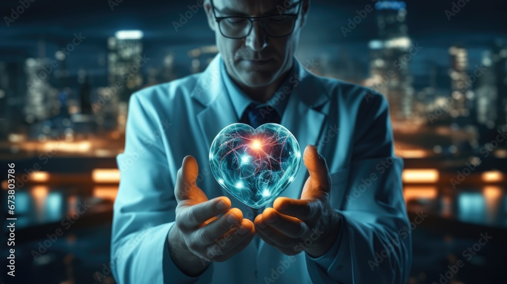Fototapeta premium A male physician holding model of human heart on her hand at medical conference.